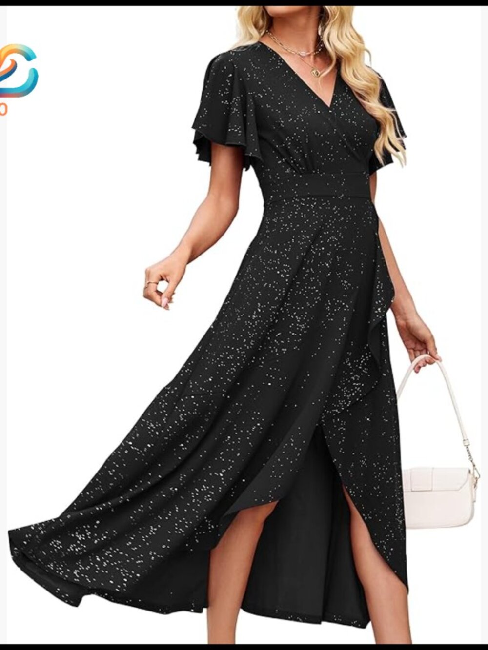 Formal V-Neck Wrap Dress With Ruffled Sleeves And Side Slit